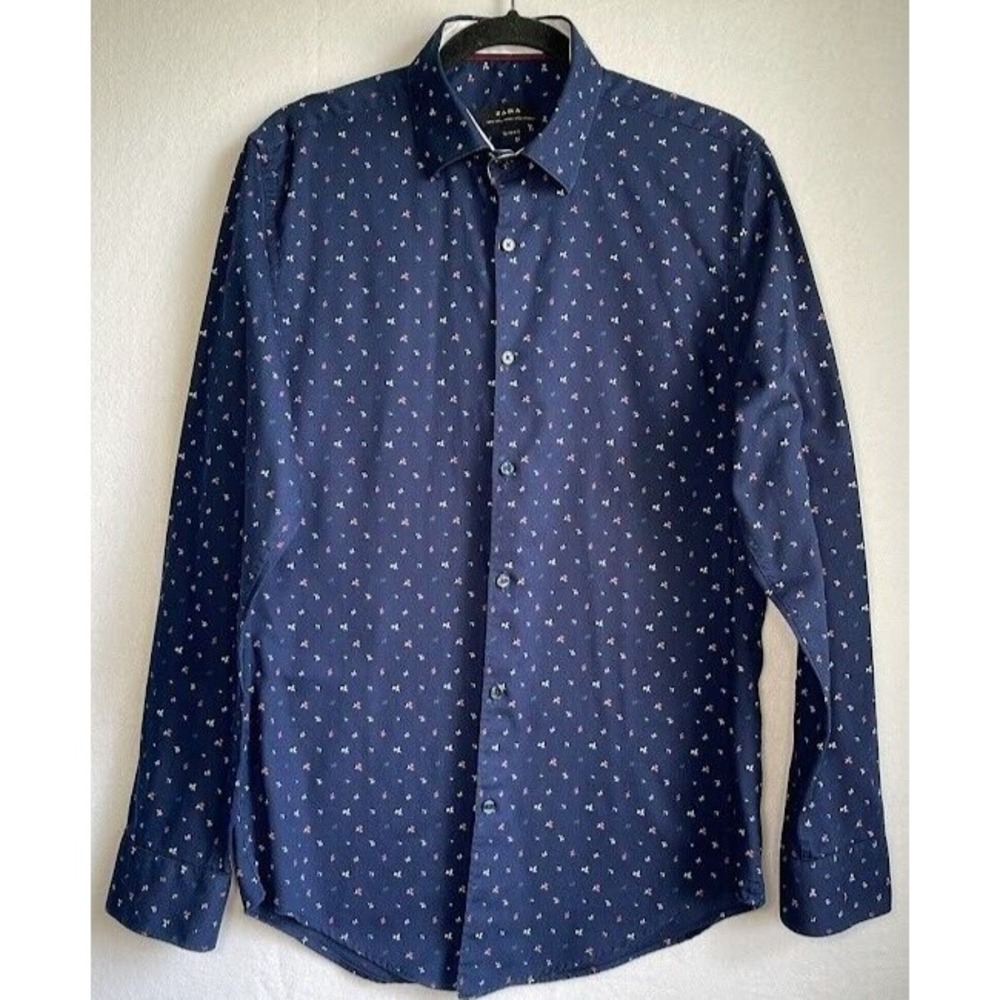 Zara Shirt Men 42 Blue‎ Floral  Cotton Classic Buttons Long Sleeve Light